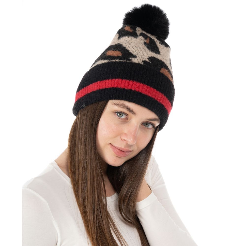 INC Leopard Print Black Beanie With Red Stripe and Faux Fur Puff‎ One Size